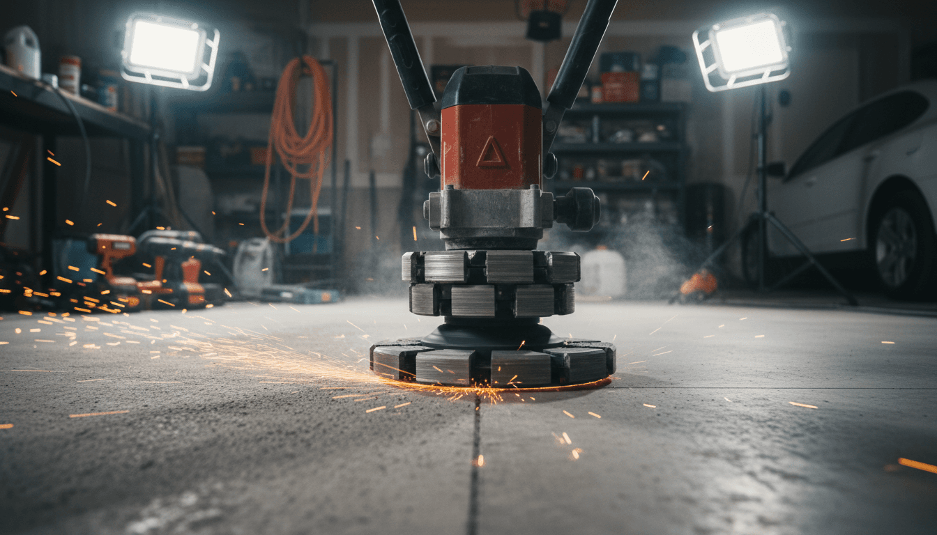 Concrete grinder preparing a garage floor for epoxy coating