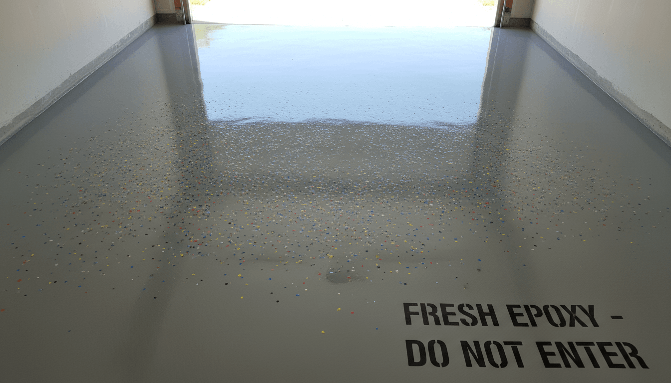 Overhead view of a garage floor being installed with decorative flakes scattered across wet epoxy