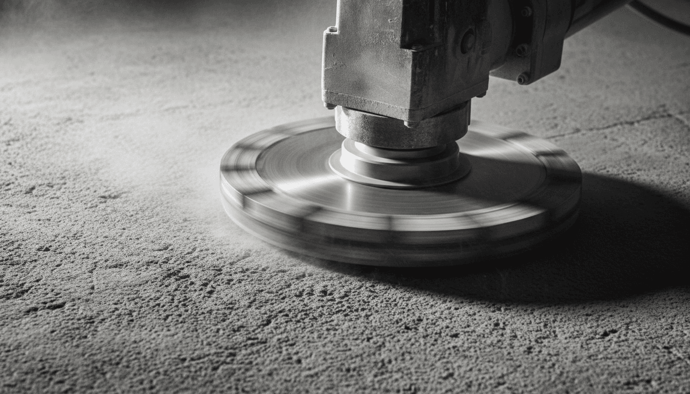Close-up of a diamond grinding wheel on a concrete floor, showing sparks and dust from surface preparation