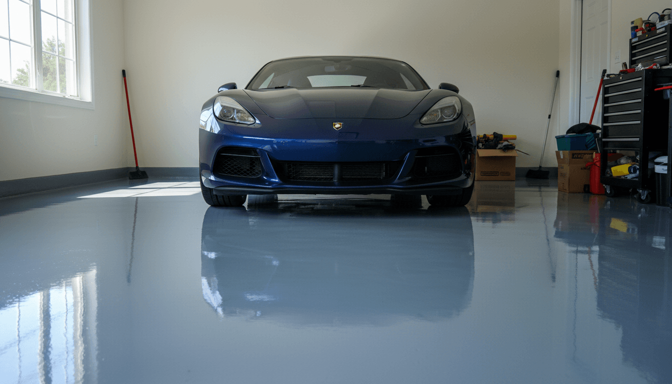Completed garage epoxy floor with high-gloss clear topcoat reflecting sunlight and a parked car
