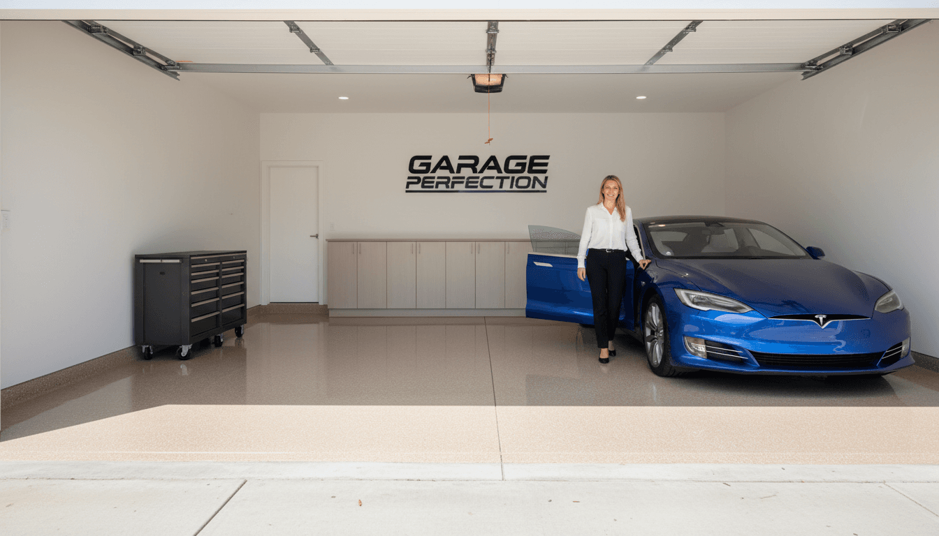 Garage with a freshly cured epoxy floor, a car parked inside with the driver entering from the daylight
