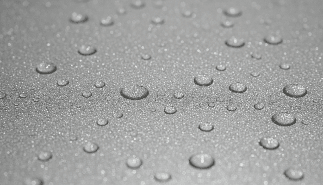 Macro close-up of an epoxy floor surface with water droplets beaded on the slip-resistant textured finish