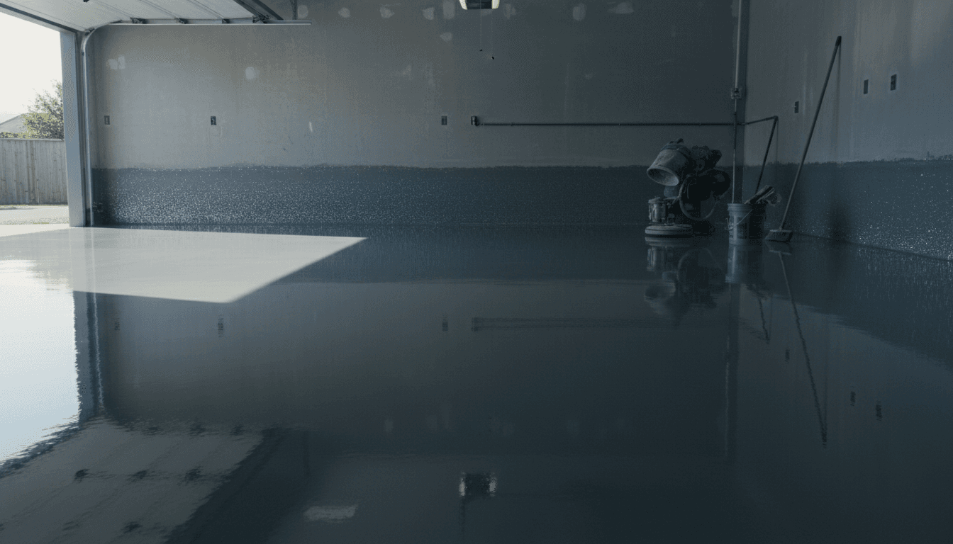 Finished epoxy floor in a residential garage with metallic gray finish and flake texture