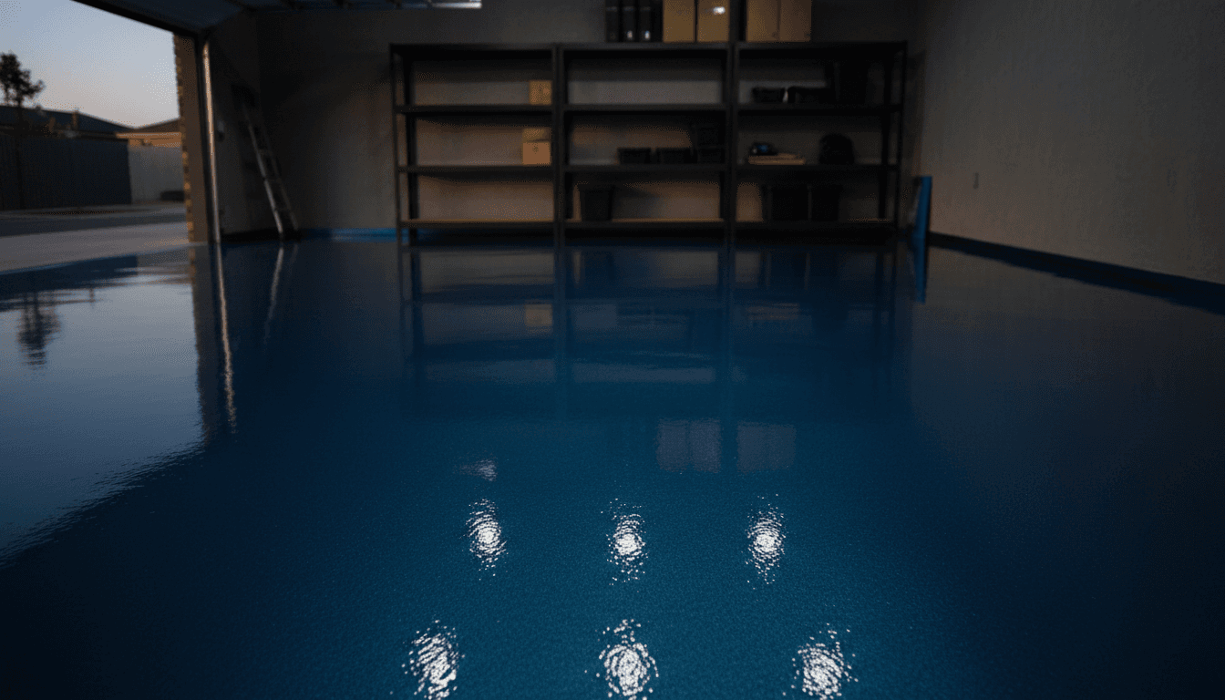 Shiny blue metallic epoxy garage floor with lights reflecting on the surface