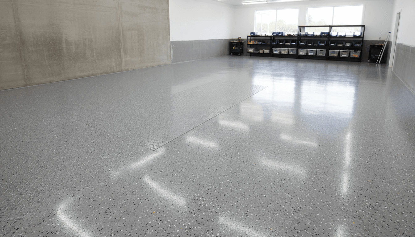 Freshly installed metallic epoxy garage floor with high-gloss finish and subtle flake patterns reflecting overhead lights