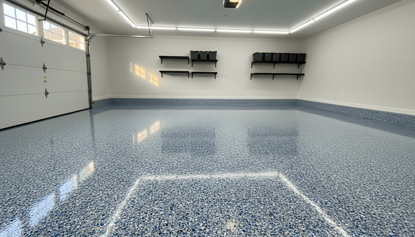 Residential garage with completed multicolor decorative flake epoxy floor