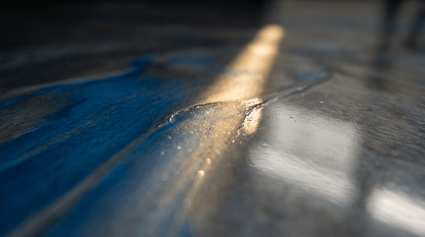 Close-up of hands mixing metallic epoxy in a bucket with a stirring paddle