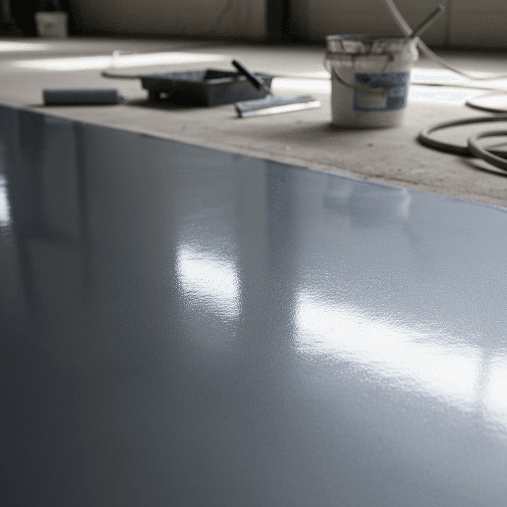 Freshly applied dark gray epoxy garage floor with high-gloss reflective finish