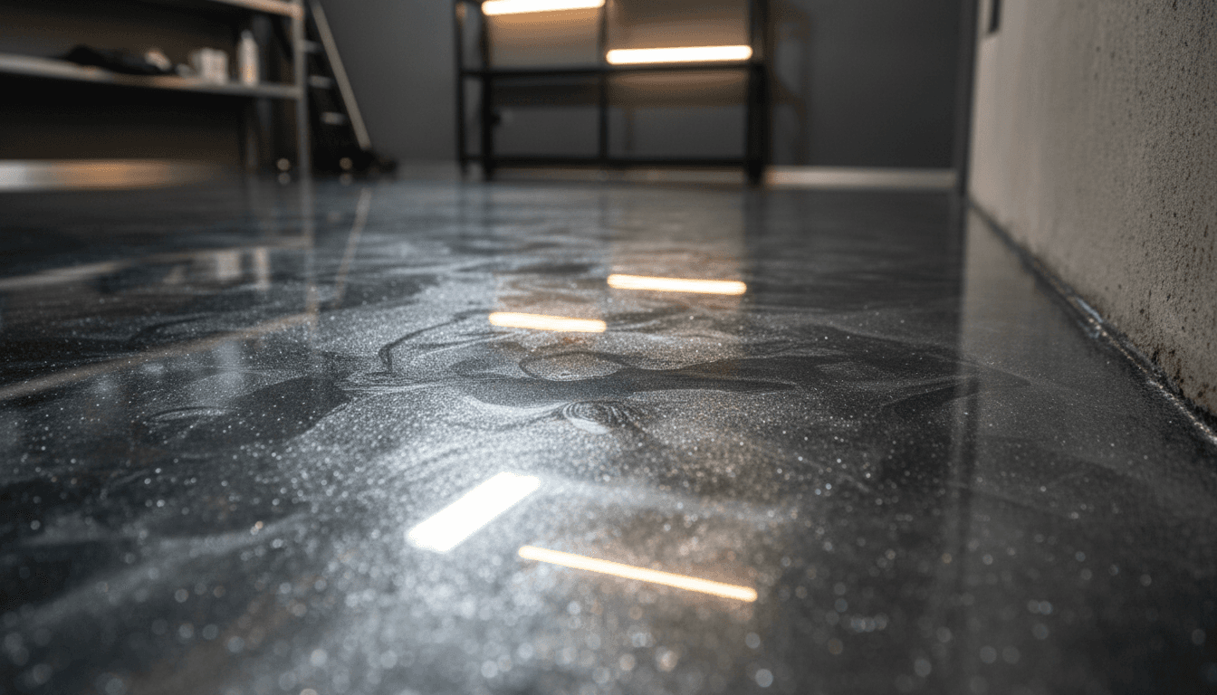 Close-up of multicolored decorative vinyl chips embedded in clear epoxy floor coating