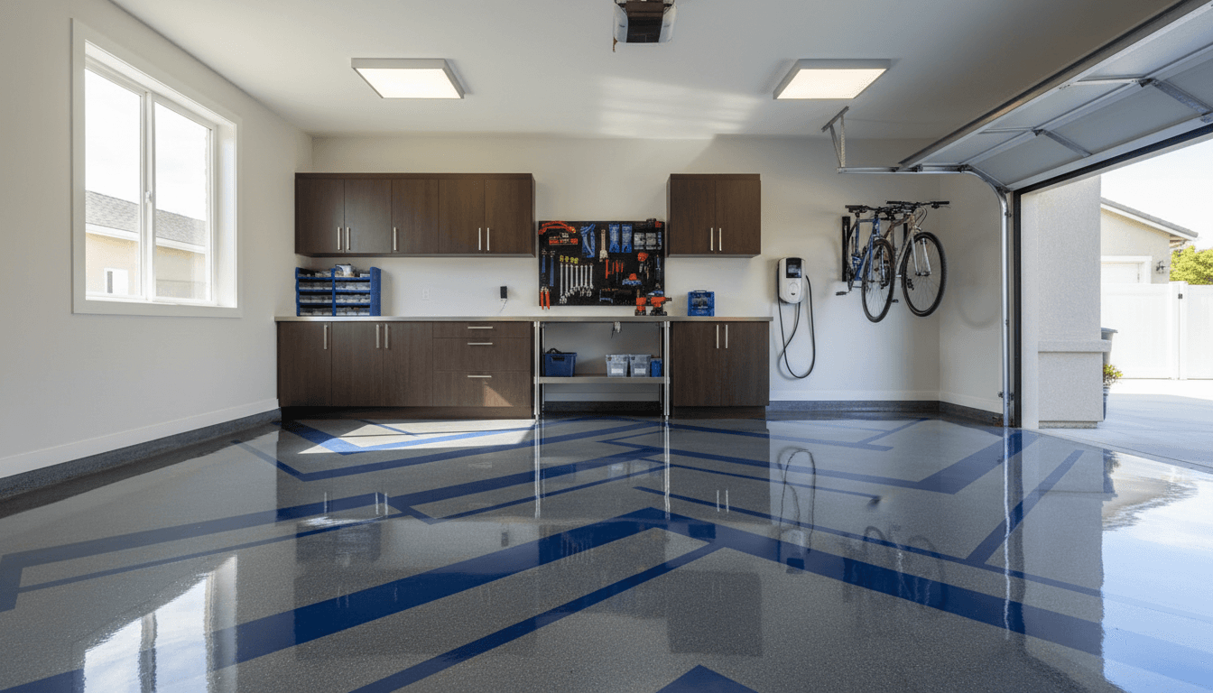 Finished epoxy garage floor with sunlight streaming in