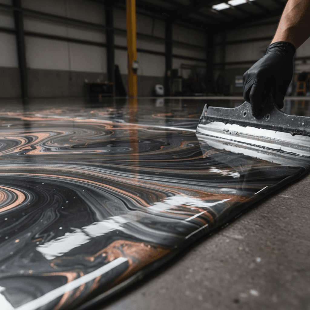 Finished epoxy garage floor with glossy finish and workspace tools nearby
