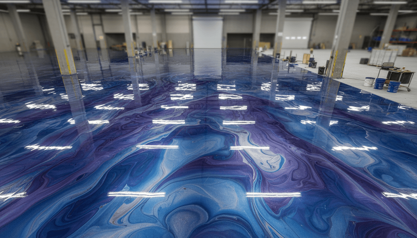 Medium shot of metallic epoxy floor in a commercial shop showing water droplets and slip-resistant finish texture