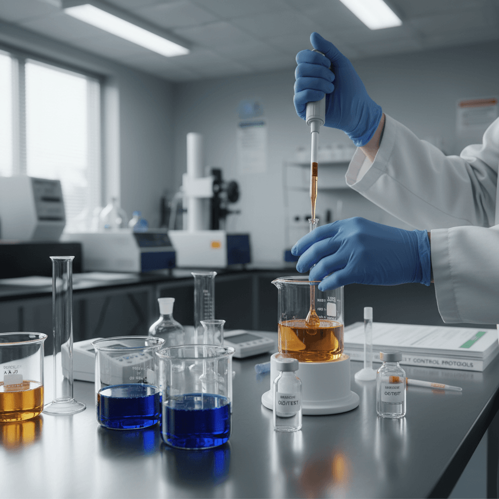 Gloved hand pouring oil onto a polyaspartic-coated surface to show chemical resistance