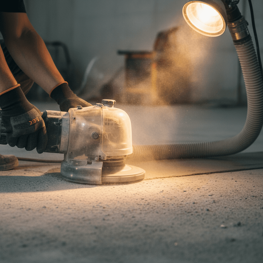 Concrete grinding machine preparing a garage floor slab for epoxy coating