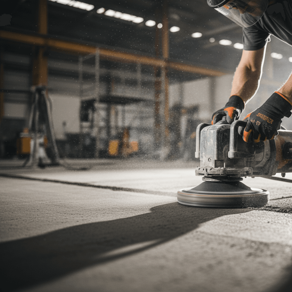 Close-up of diamond floor grinder preparing concrete surface for epoxy coating in a workshop setting