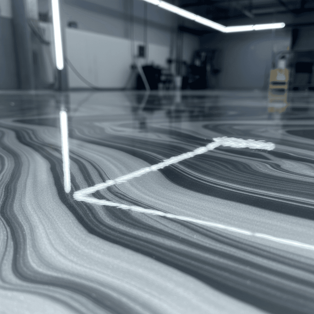 Extreme close-up of a polyaspartic floor coating spanning a concrete control joint without cracking