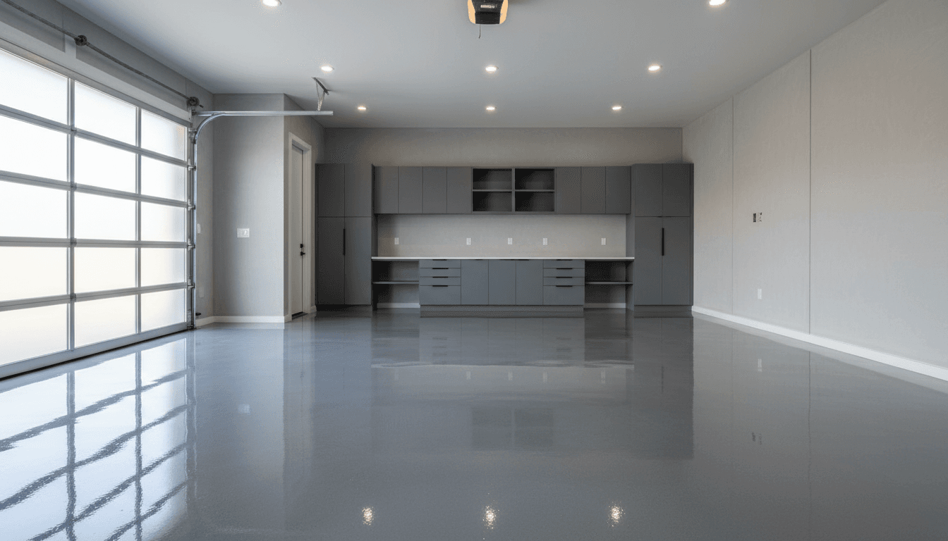 Male floor installer in his mid 40s, Hispanic, standing on a finished metallic epoxy garage floor, natural sunlight