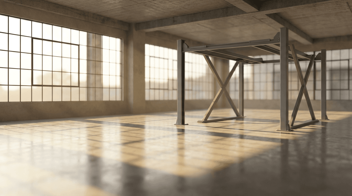 Sunlit garage floor with UV-stable polyaspartic coating, no yellowing visible