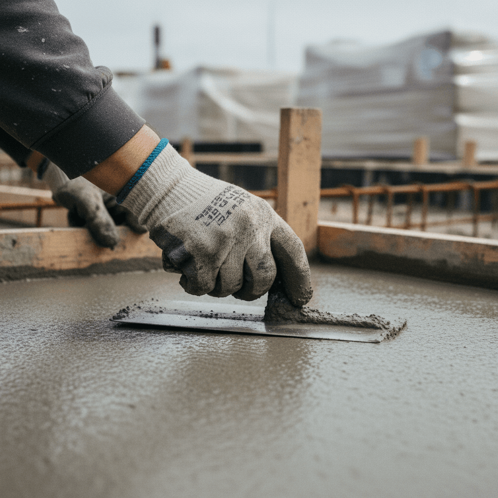 Male flooring contractor in his early 40s, Hispanic, kneeling on a concrete slab with a grinder, wearing safety glasses