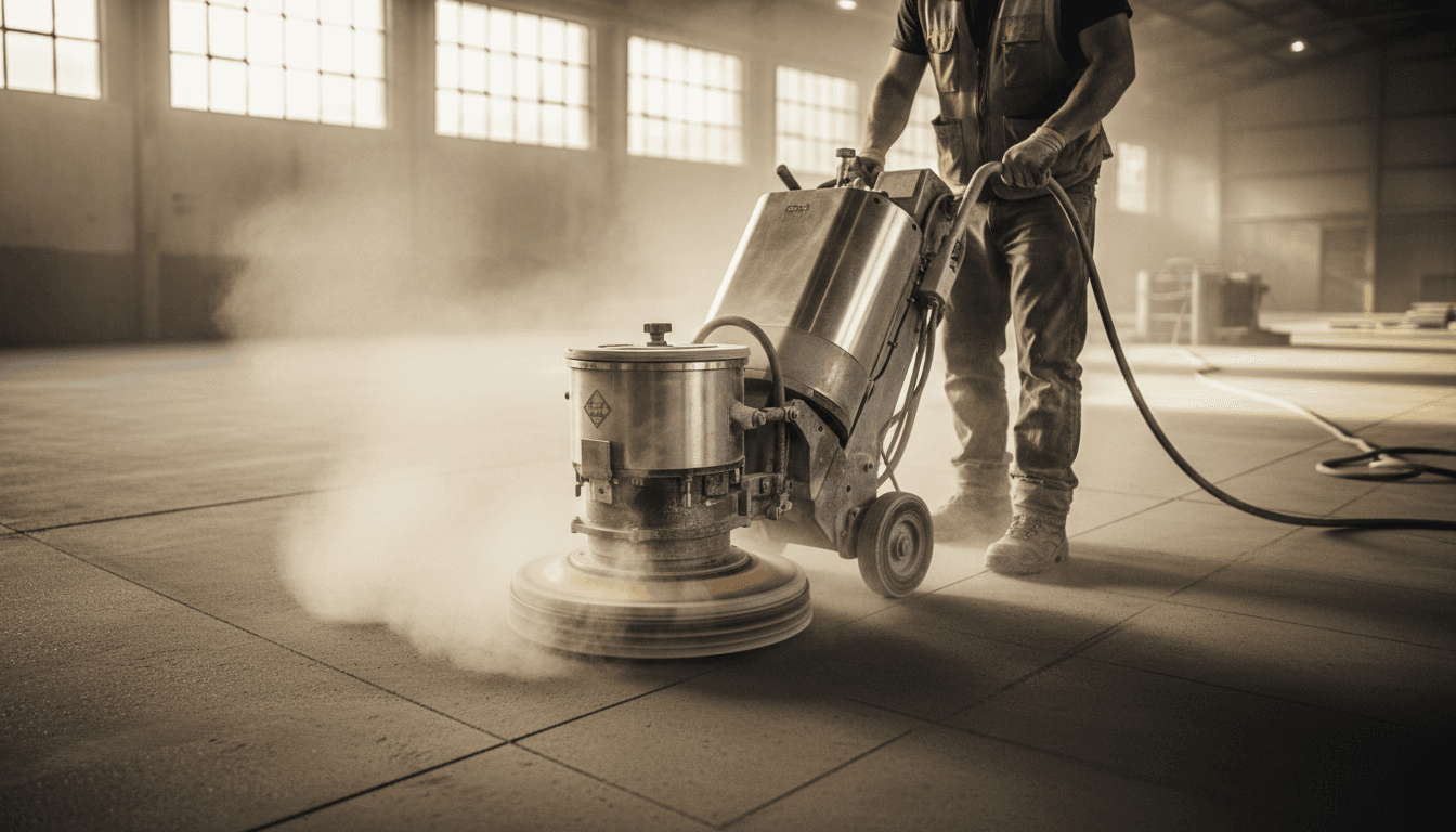Concrete grinder cutting across a raw slab with dust and aggregate visible during surface prep for epoxy